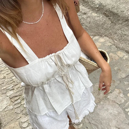 White Ruffle Shorts Sets Square Collar Sleeveless Drawstring Tank Tops+Shorts Summer Casual Simple Suits For Women 2 Piece Set