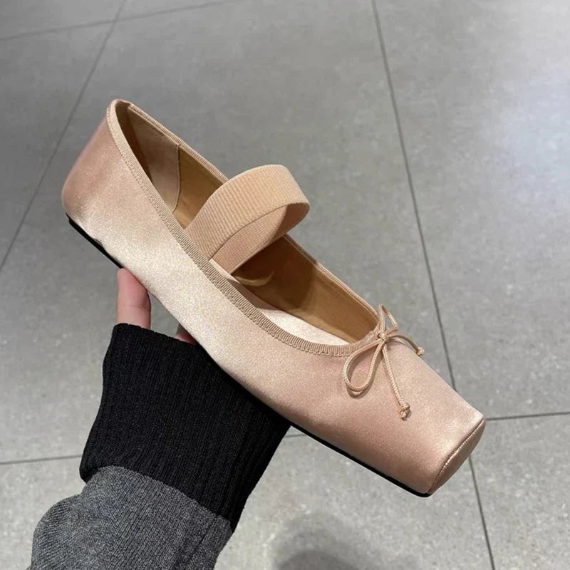sweet pink silk flat shoes woman square toe bowtie ballet flats silver leather mary janes shoes elastic band moccasions women