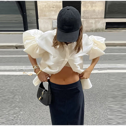 Elegant Women's Satin Puff Sleeve Shirt Loose Lapel Single Breasted Female Blouses 2025 Summer Lady Solid Chic All-match Tops