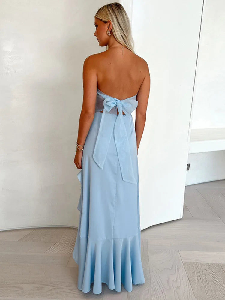 Off-shoulder Strapless Ruffled Sexy Maxi Dress Women Summer Fashion Backless Bow Thigh High Split Club Long Dress