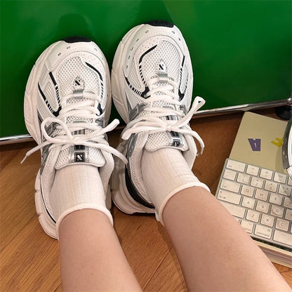 High Quality Casual Sneakers Women Breathable Mesh Mixed Colors Striped Design Thick Sole Platform Ladies Shoes