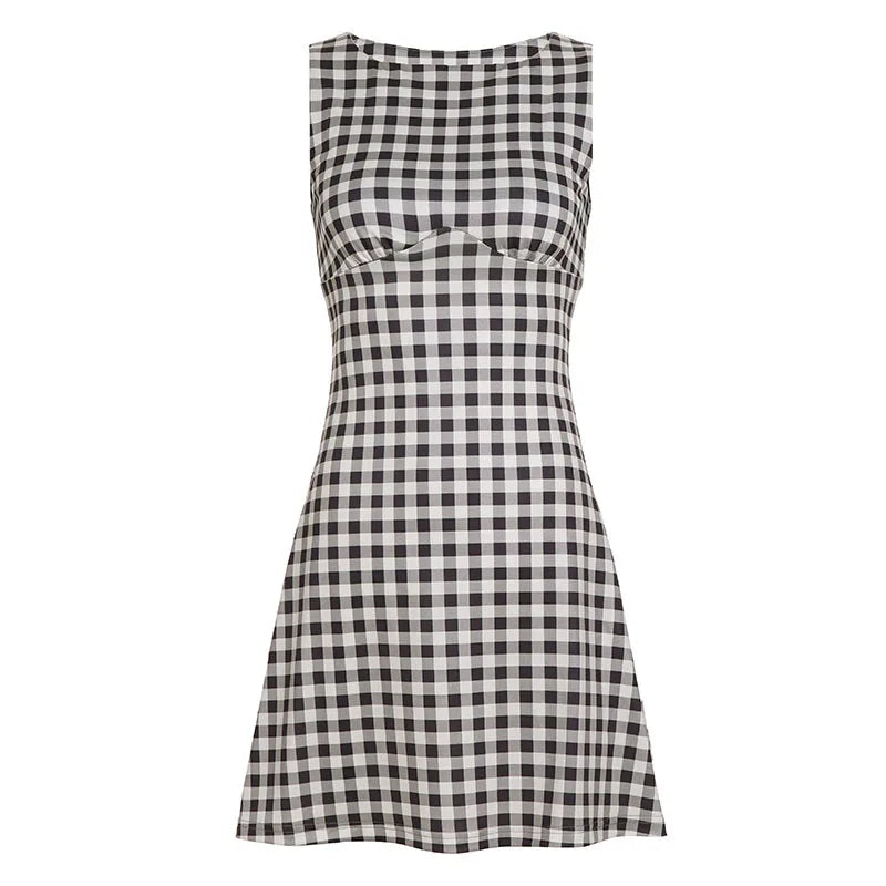 Elegant Women A Line Short Dress Fashion O Neck Plaid Print Sleeveless Tie Waist French Retro Casual Summer Mini Dress