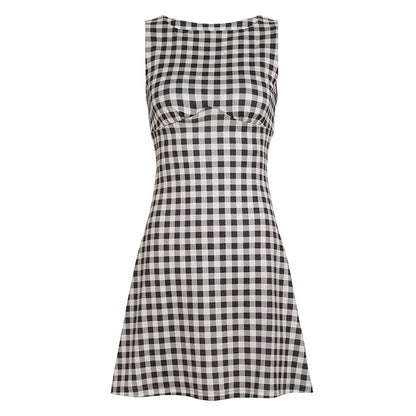 Elegant Women A Line Short Dress Fashion O Neck Plaid Print Sleeveless Tie Waist French Retro Casual Summer Mini Dress