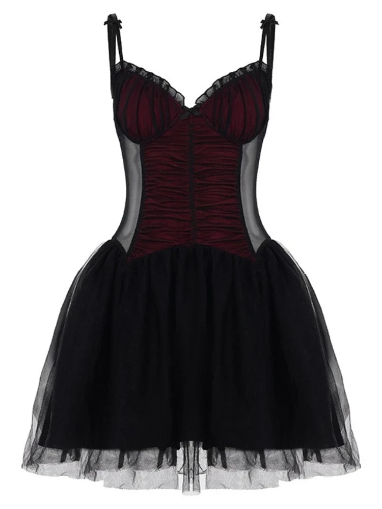 Gothic Black Bow Spaghetti Strap Dress Women Fashion Ruched V Neck Sleeveless Mesh Patchwork A Line Mini Dress Clubwear