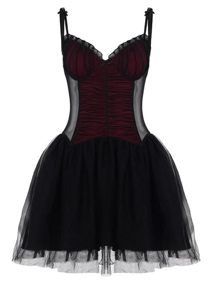 Gothic Black Bow Spaghetti Strap Dress Women Fashion Ruched V Neck Sleeveless Mesh Patchwork A Line Mini Dress Clubwear