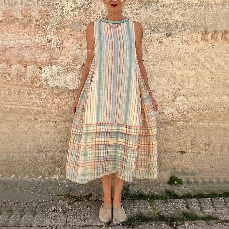 Vintage Striped Sleeveless Vacation A line Dresses Women's Elegant Printing Loose Fashionable Pullover Beach Dress For Women New