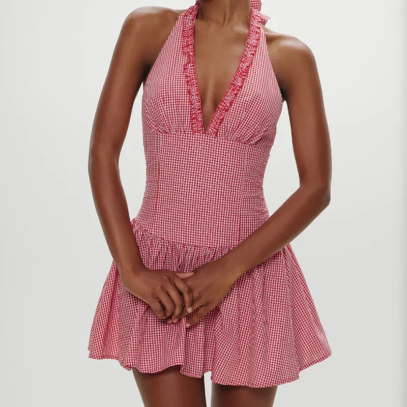 Fashionable Short Red Plaid Dress Women Sexy Backless A-line Mini Summer Halter Dress Vacation Robe 2026