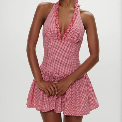 Fashionable Short Red Plaid Dress Women Sexy Backless A-line Mini Summer Halter Dress Vacation Robe 2026