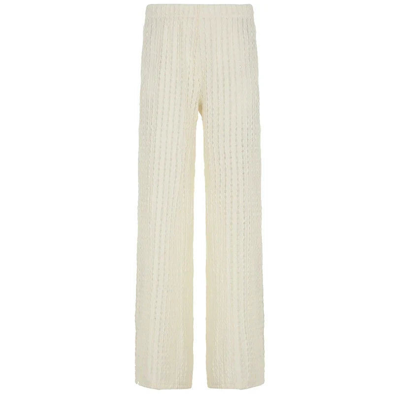 Women Stylish Fabric Texture Beach Knitted Pants Summer Chic Fashion Straight Trousers Holiday Style Minimalist Pants