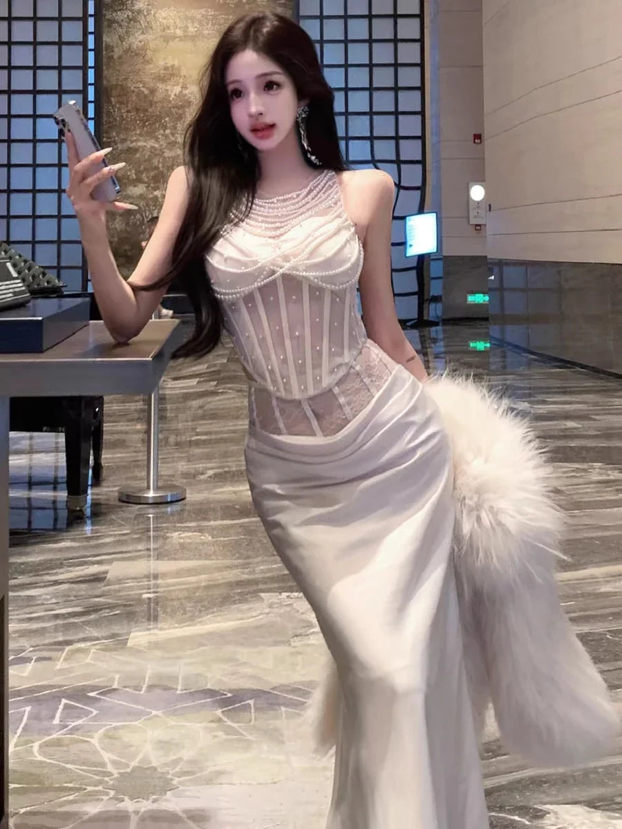 Women's Elegant Pearls O Neck Corset Tank Top Lady High Street Sexy See Throught Slim Tank Top