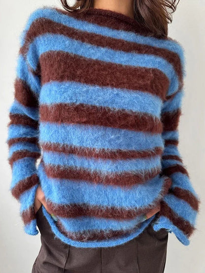Striped Sweater Women Contrast Color Knitted O-neck Long Sleeve Loose Chic Pullover Female Winter New Top Pollover