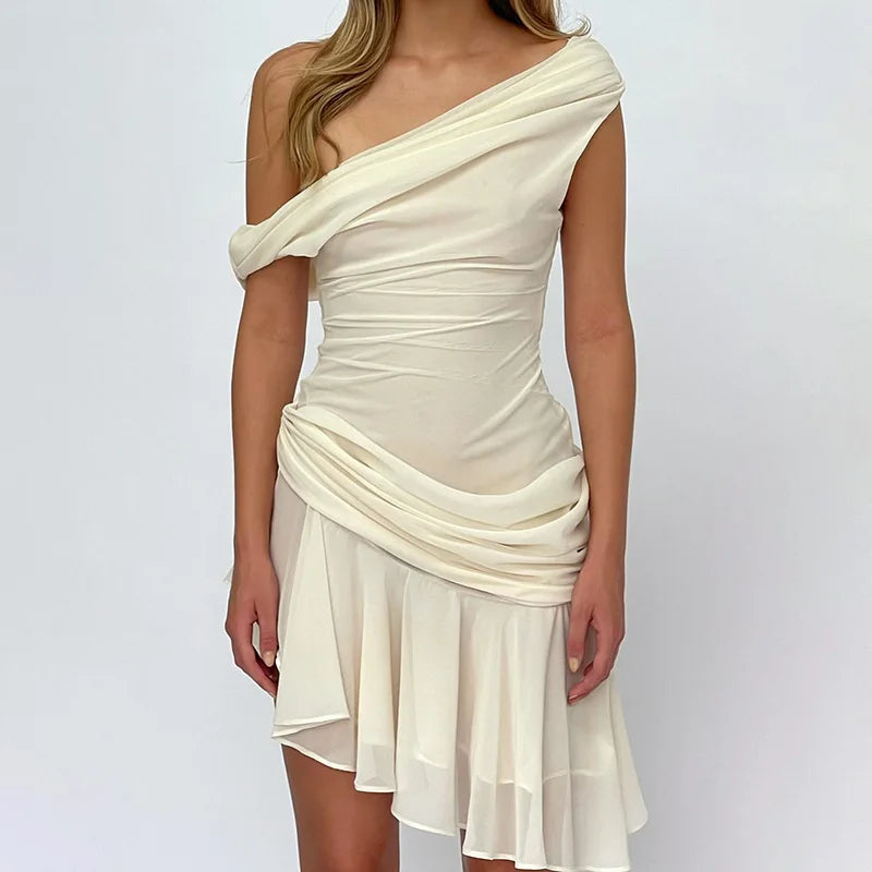 Off Shoulder Draped Ruched Satin Mini Dress