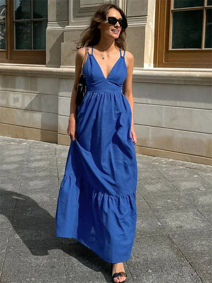 V-Neck Backless Patchwork Long Dress Women Casual High Waist Bandage Sleeveless Solid Spring 2025 New Ladies Maxi Dress
