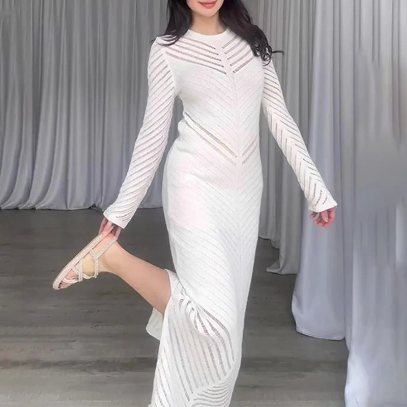 Chevron Mesh Panel Crew Neck Sleeveless Side Slit Knit Maxi Dress