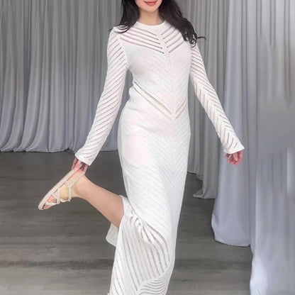 Chevron Mesh Panel Crew Neck Sleeveless Side Slit Knit Maxi Dress