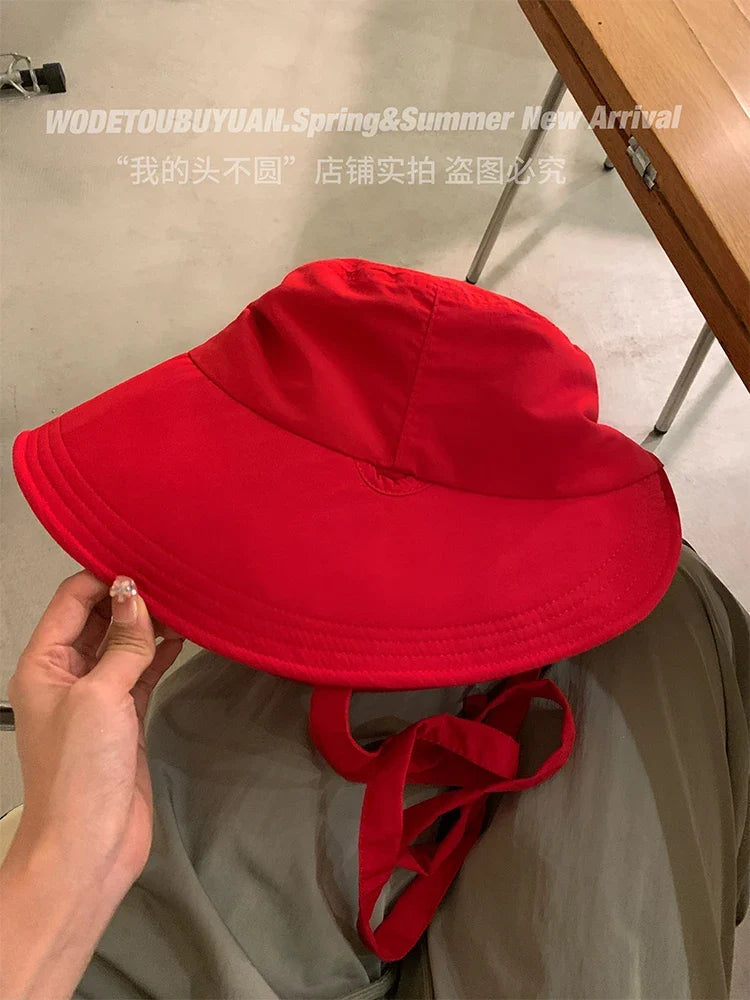 Korean Retro Red Strap Bucket Hats Summer Travel Versatile Sunscreen Show Face Small Sweet Beautiful Women's Caps