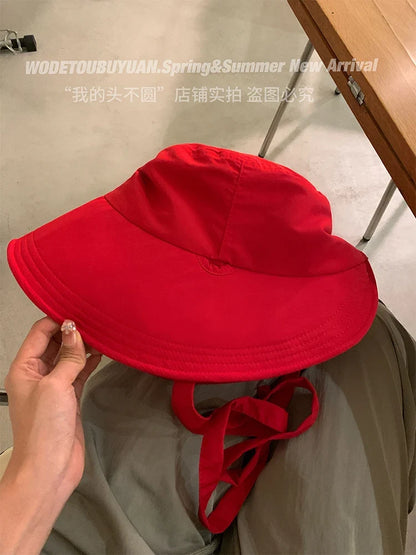 Korean Retro Red Strap Bucket Hats Summer Travel Versatile Sunscreen Show Face Small Sweet Beautiful Women's Caps