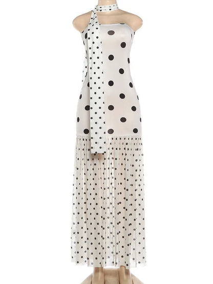 Sexy White Dot Print Strapless Maxi Dress with Matching Scarf for Women Summer Sleeveless Mesh Patchwork Vacation Dress