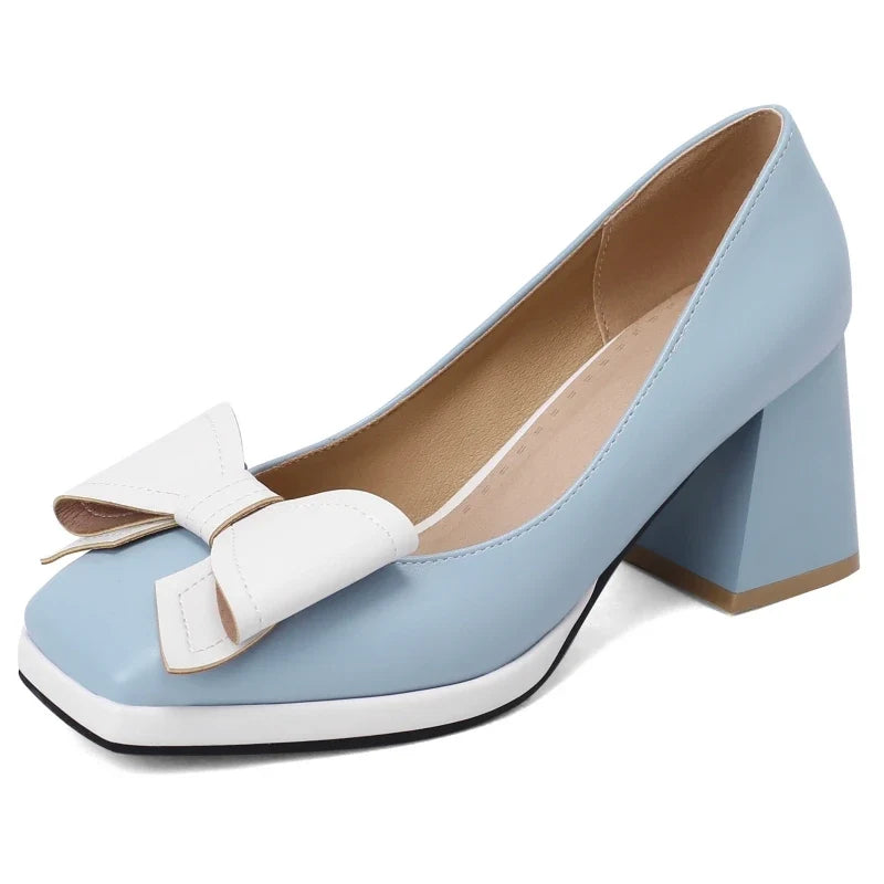 Sweet Bow-tied Women's Heels Shoes Elegant Blue Red Block Medium Heel Pumps Large Size Office Party Wedding Shoes
