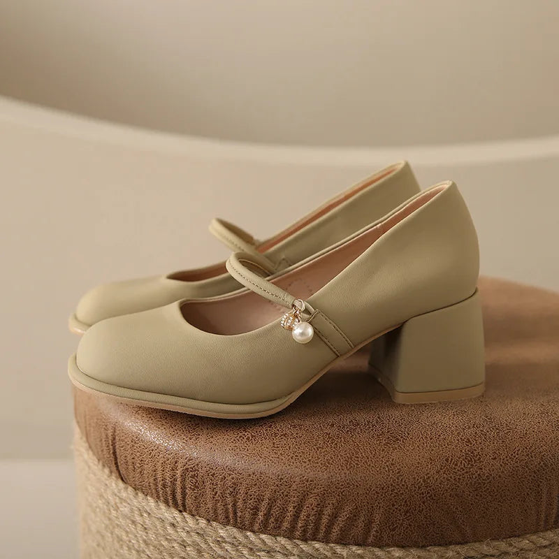 High Heel Leather Shoes Mary Jane Branded Pumps Chunky Sandals Shallow Mouth Clogs for Women Slip On Round Toe Latest Lolit