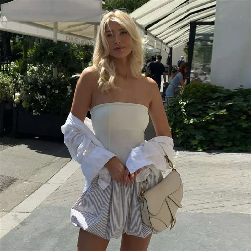 Elegant Contrast Color Strapless Backless Striped Dress Slim Fit For Women Patchwork Folds Vest Dress Party Club Clothes
