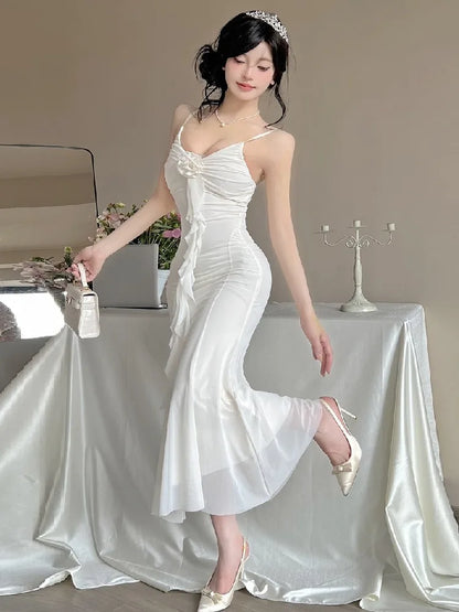 Women Dresses Sleeveless V Neck Ruffles Slim Elegant Backless Ruffles Ribbon Temperament Elegant Dress Sexy Ladies