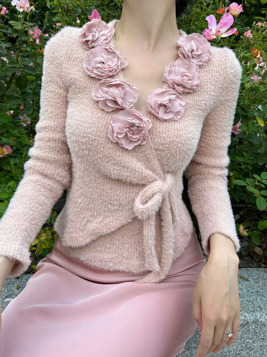 Pullover 3D Flowers French Vintage Slim Women Korean Long Sleeve Elegant Tops Female Retro Knitted Chic Fairy Clothing