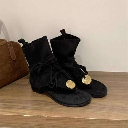 Retro Summer Women Sandals Open Toe Tassel Design Suede Flat Roman Sandals Soft Lightweight Ladies Western Boots