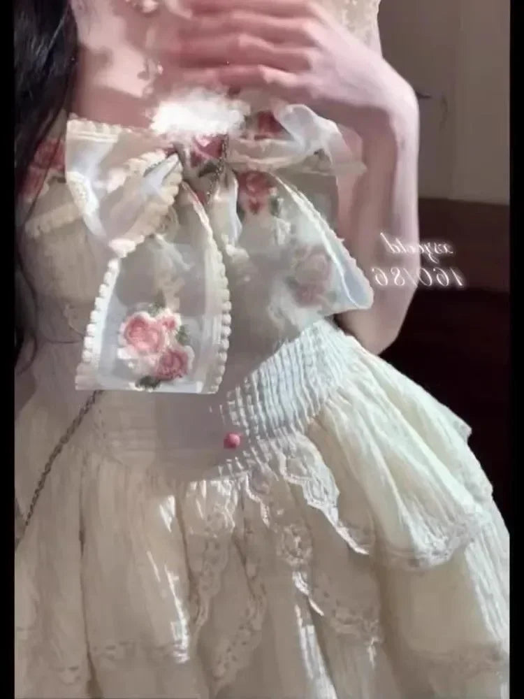 Summer Sweet Fairy Dress For Women Elegant Lolita Bow Ruffles Princess Dresses Girl Sleeveless Birthday Party Mini Dress