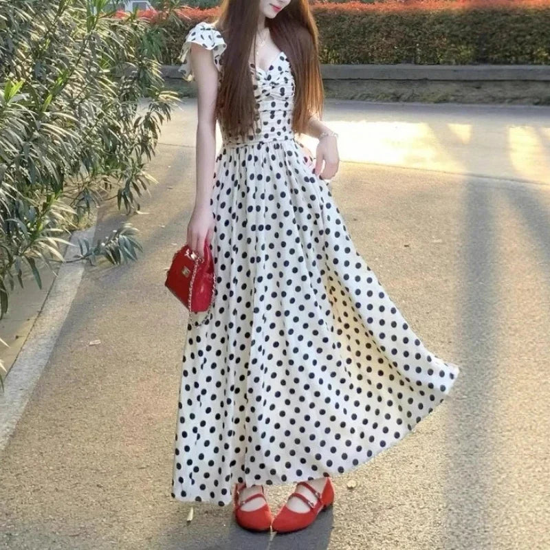 Polka Dot Dress Women's Summer High-end Seaside Vacation Xiaofei Sleeve Temperament Waist A-word Long Skirt