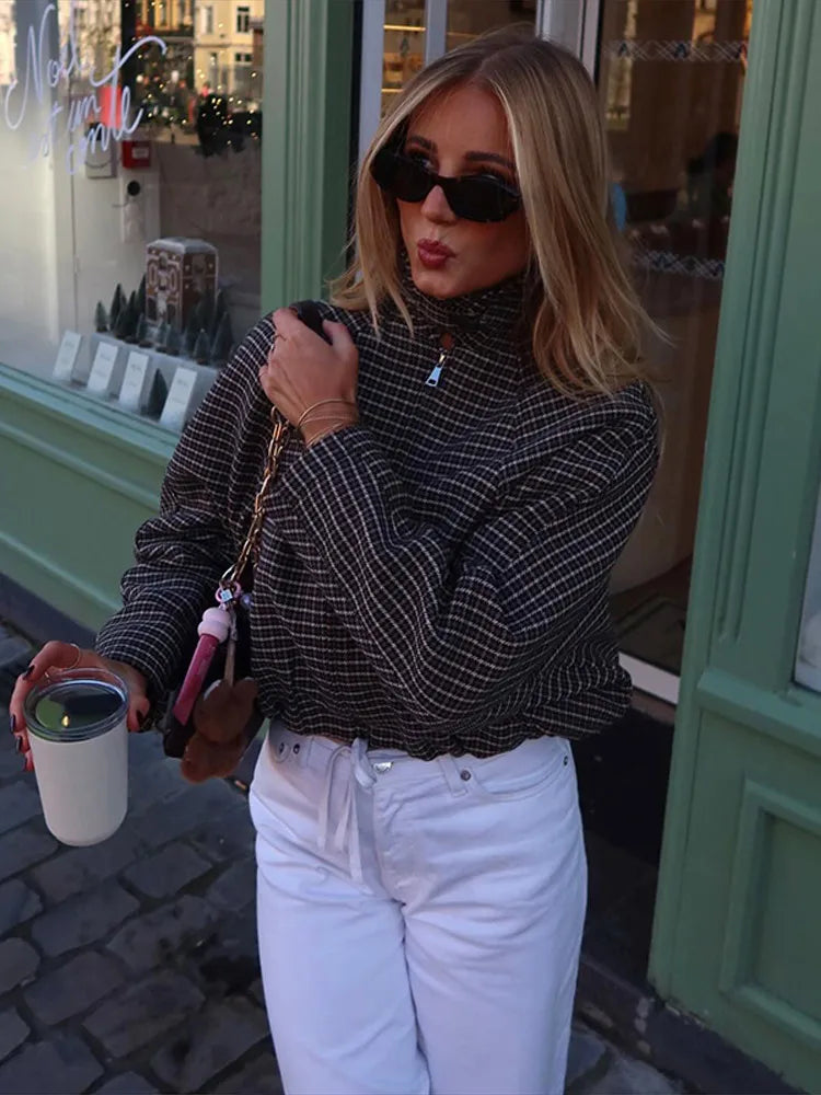 Vintage Plaid Women 's Jacket Elegant Lapel Patchwork Full Sleeve Zipper Cropped Jackets Lady Woman Spring Coats Outwears