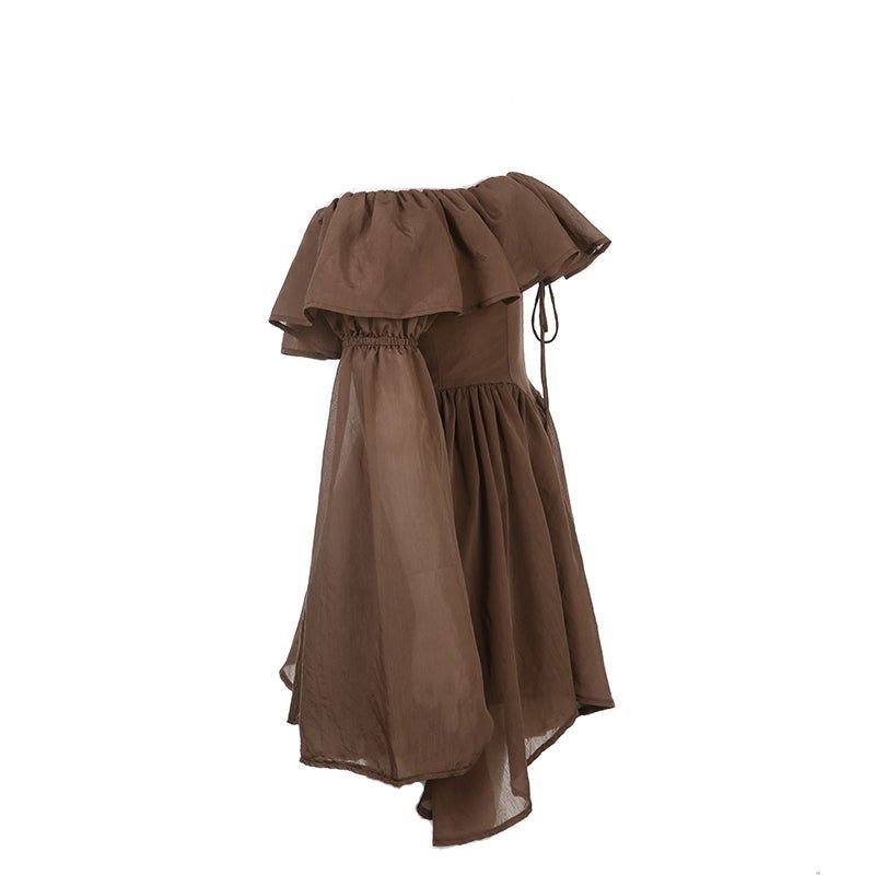 Off-Shoulder Corset Ruffle Trim Balloon Sleeve Handkerchief Hem Mini Dress