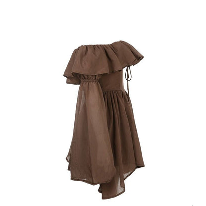Off-Shoulder Corset Ruffle Trim Balloon Sleeve Handkerchief Hem Mini Dress