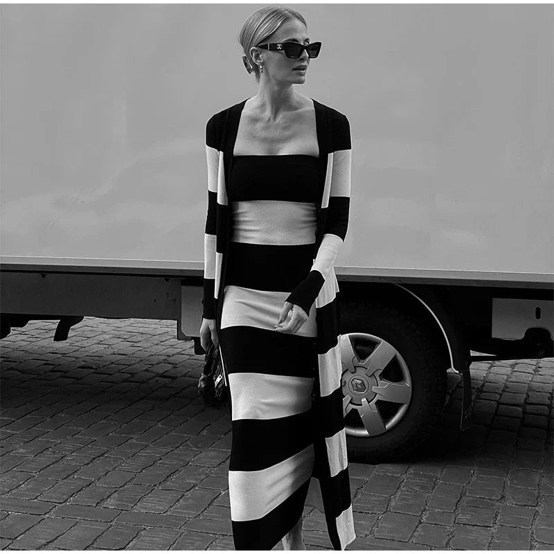 Elegant Striped Knit Cardigan Dress Women Outfit Long Sleeve Button Jacket Tube Sleeveless Dresses Spring Autumn Lady Set