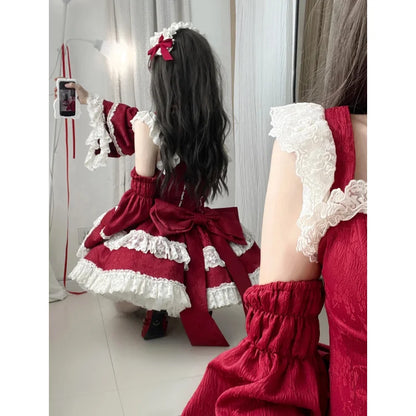 Japan Lolita Vintage Medieval Gothic Dress Cotton Lace Women Summer Princess Cosplay Costume Palace Ball Gown Short Party Dress