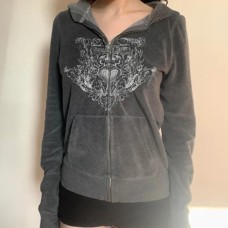 Y2K Graphic Print Zipper Jacket with Hooded Vintage Aesthetic Gray 2000s Women Coat Knitted Outwear Autumn Outfits