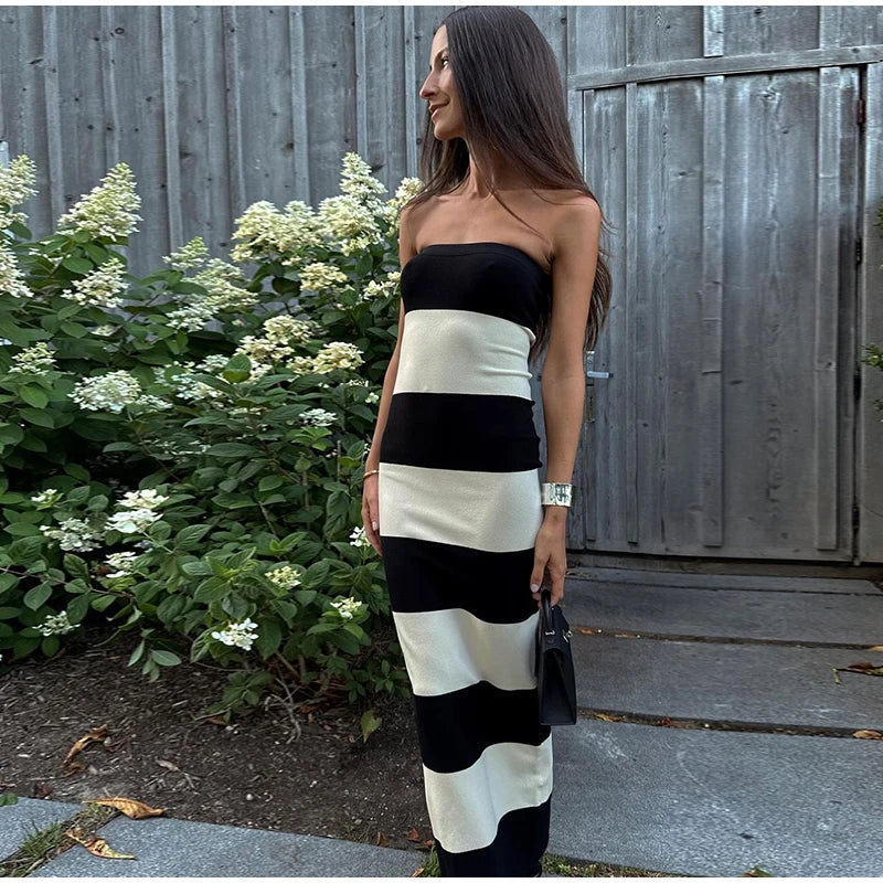 Elegant Striped Knit Cardigan Dress Women Outfit Long Sleeve Button Jacket Tube Sleeveless Dresses Spring Autumn Lady Set