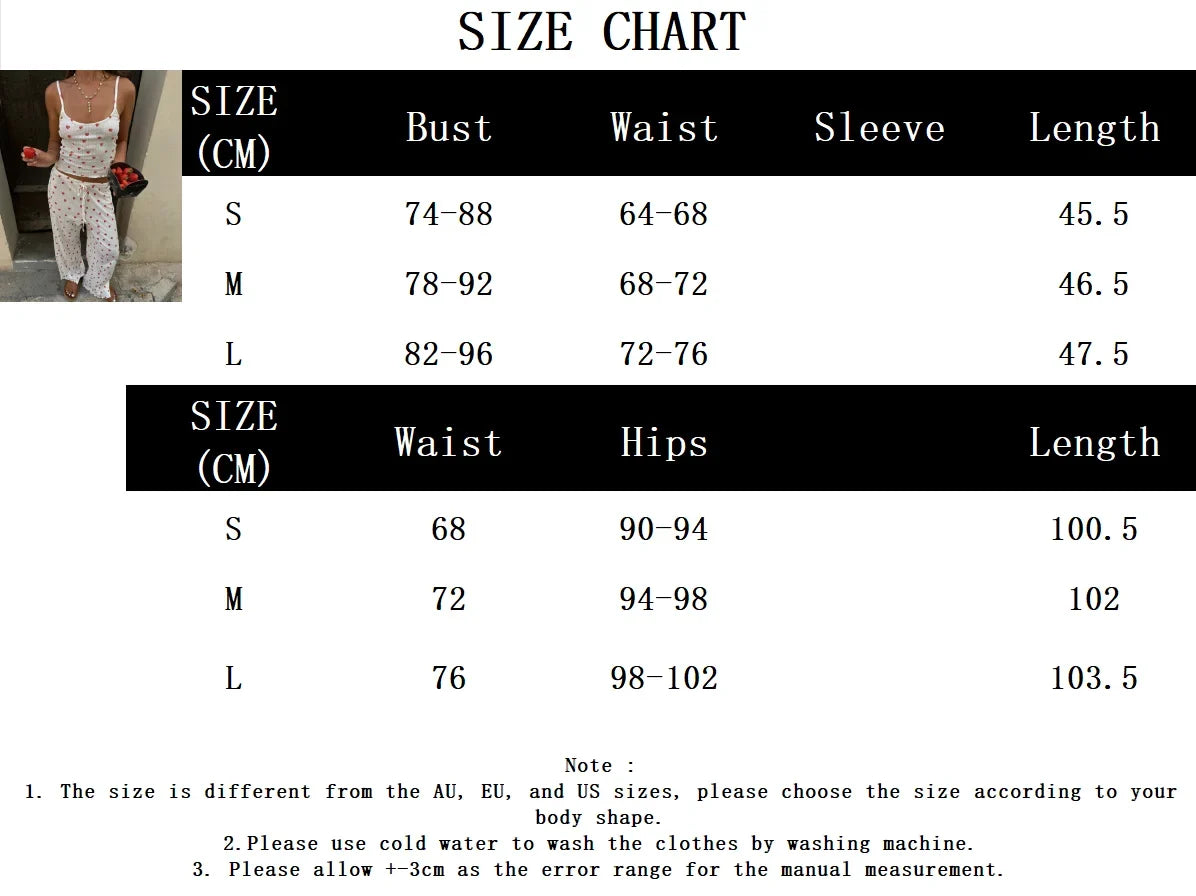 Strawberry Print Eyelet Two-piece Set Women Summer Sleeveless Slim Camis+Drawstring Pants Sets Home Cozy Sweet Casual Pajamas