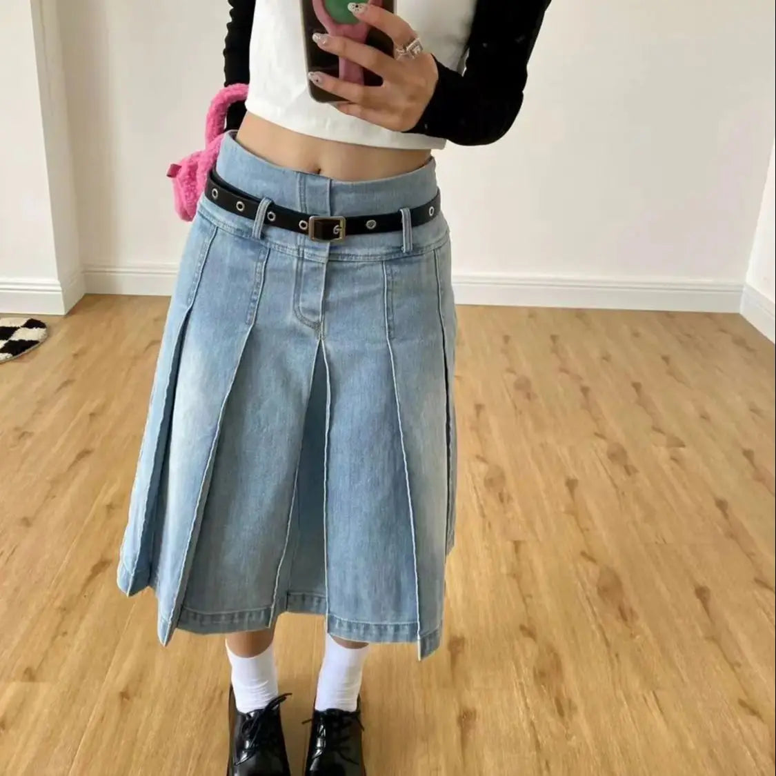 Denim Pleated Skirt High Waist Y2k Streetwear Women Vintage A-Line Distressed Knee-Lenght Jeans Skirt Japanese Fashion Versatile