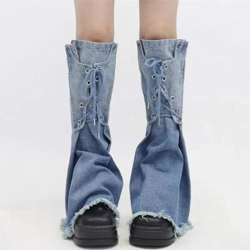 Plain Washed Strappy Women Flare Leg Warmers Denim Gradient Boots Cover Frayed Knee Long Socks Casual Vintage Streetwear