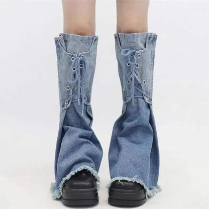 Plain Washed Strappy Women Flare Leg Warmers Denim Gradient Boots Cover Frayed Knee Long Socks Casual Vintage Streetwear