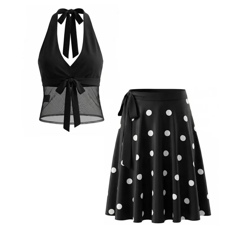 Halter Neck Camisole Polka Dot Skirt Set Women's Summer Sexy Fashionable Personality Neckband Backless Beach Vacation Black Set