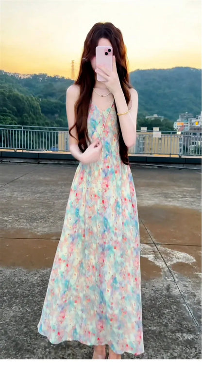 New Pink V-Neck Floral Print Halter Dress Women's Summer Vacation Style Long Dress Tea Break Sweet High Waist A-Line Skirt