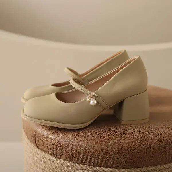 High Heel Leather Shoes Mary Jane Branded Pumps Chunky Sandals Shallow Mouth Clogs for Women Slip On Round Toe Latest Lolit