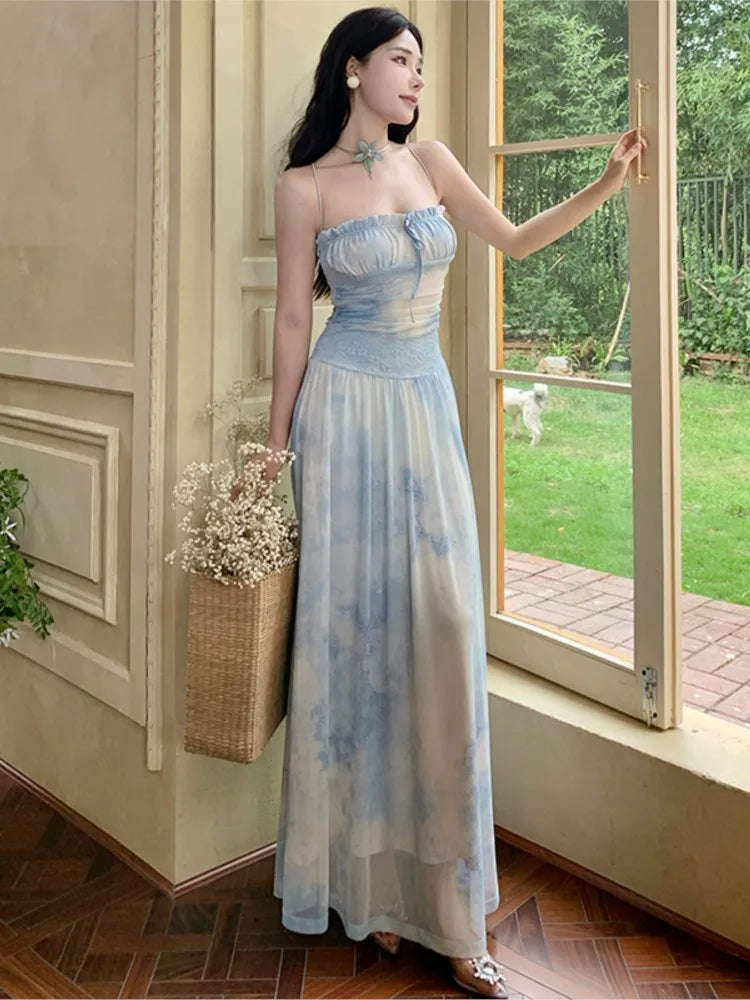 Holiday Beach Vintage Printed Backless Long Blue Dress Women Summer Spaghetti Strap Elegant Fairy Dress Evening Party Dresses