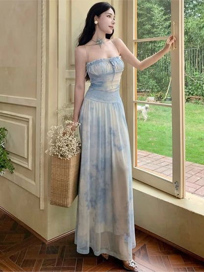 Holiday Beach Vintage Printed Backless Long Blue Dress Women Summer Spaghetti Strap Elegant Fairy Dress Evening Party Dresses