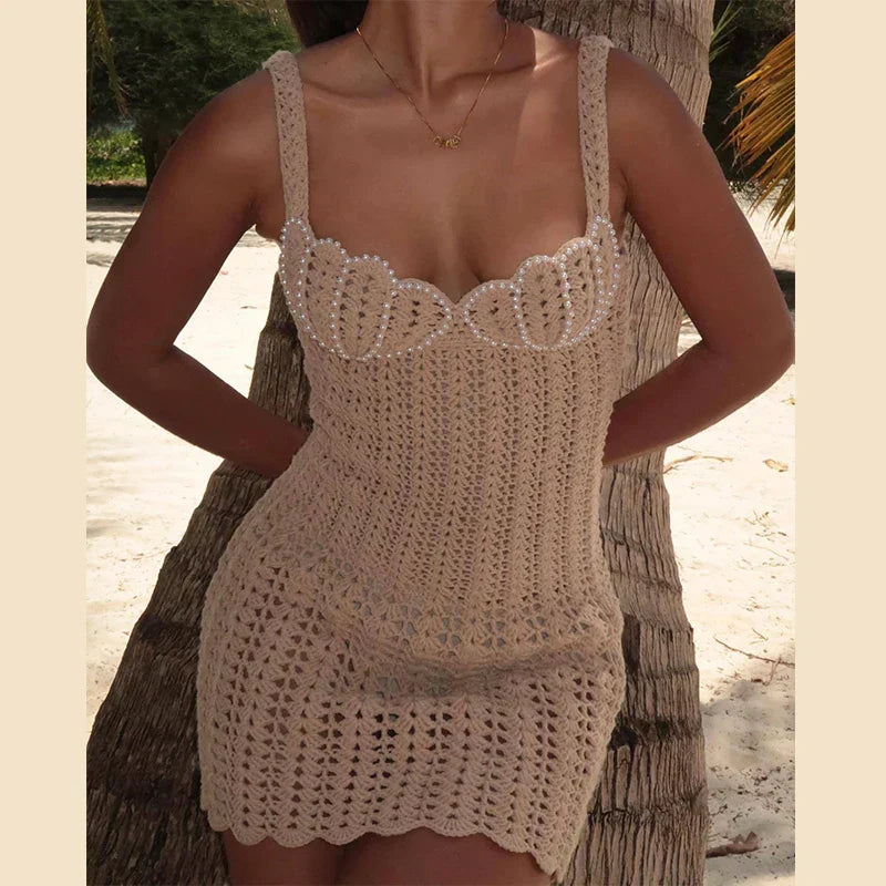 Crochet Pearl Beaded Sweetheart Scallop Trim Bodycon Mini Dress