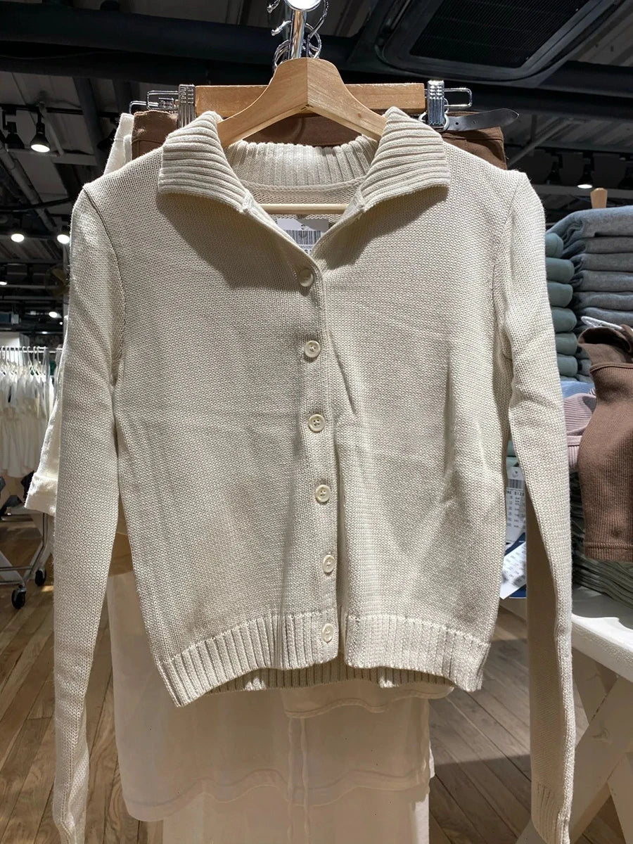Beige Knit Short Sweater Cardigan Women Autumn Single Breasted Lapel Long Sleeve Sweaters Coat Cotton Casual Knitwear Top Y2k