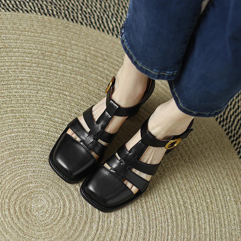 Summer Shoes Women Square Toe Cover Heel Gladiator Modern Sandals Pu Leather Chunky Heel High Heels Roman Women Sandals