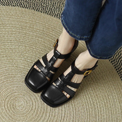 Summer Shoes Women Square Toe Cover Heel Gladiator Modern Sandals Pu Leather Chunky Heel High Heels Roman Women Sandals